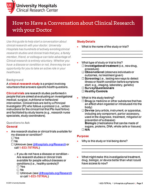 Cover to our publication, How to Have a Conversation about Clinical Research with your Doctor