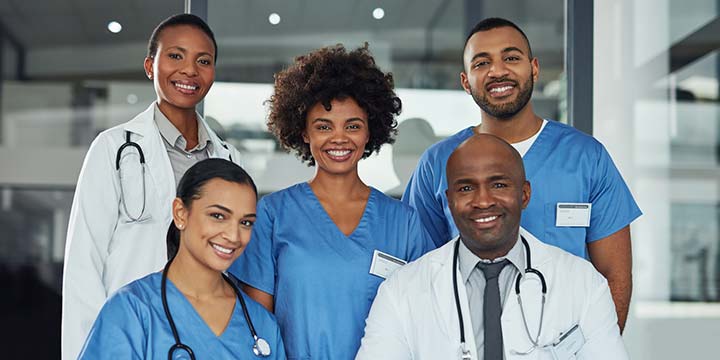 A group of diverse medical students and doctors