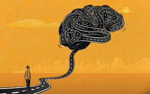 Man gazes at tangled brain illustration