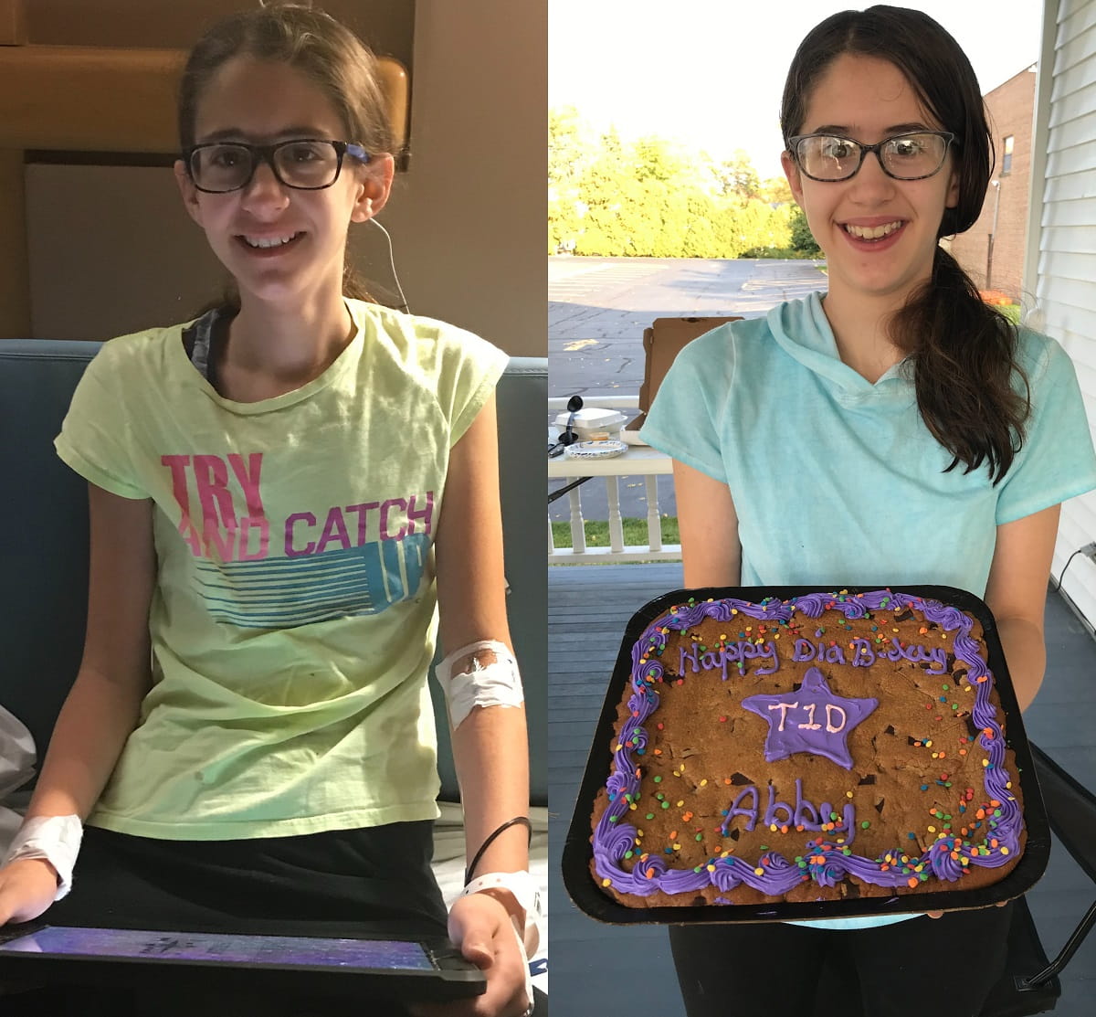 Abby at UH Rainbow at time of her diagnosis (left); Abby celebrating her first Diabirthday one year later