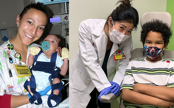 Trey Clark as an infant with his NICU nurse and today with Lynn Woo, MD.;