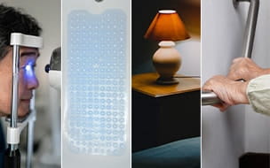 Montage of an eye exam, a non-slip blue shower mat, an electric lamp an elderly woman holding on handrail