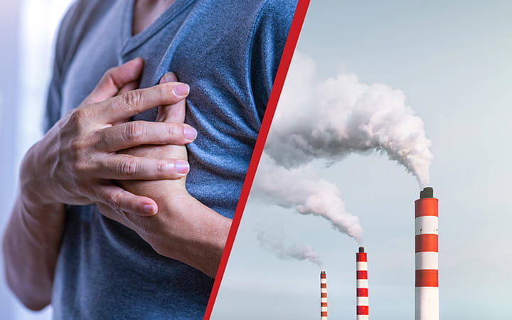 split image of man with hands on heart and smokestacks