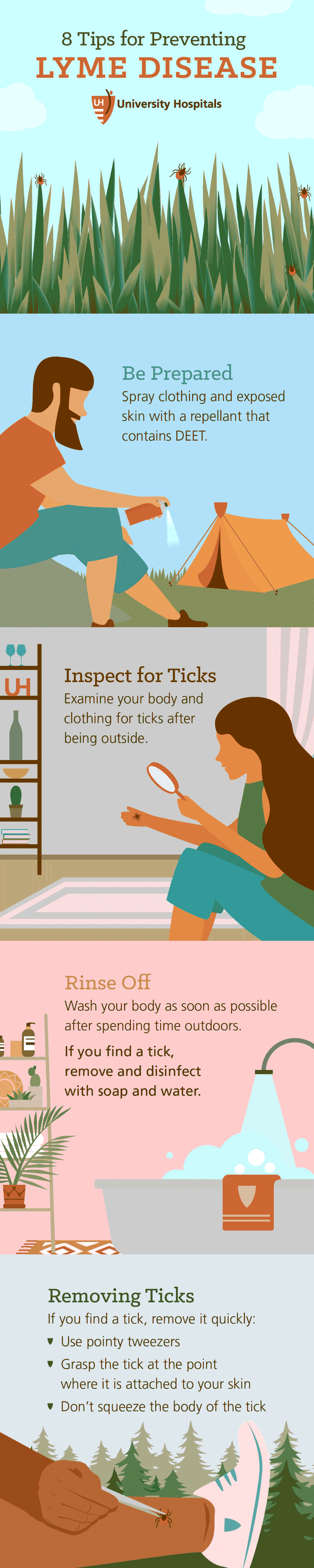 Infographic: 8 Tips to Prevent Lyme Disease: Be prepared, inspect for ticks, rinse off, removing ticks
