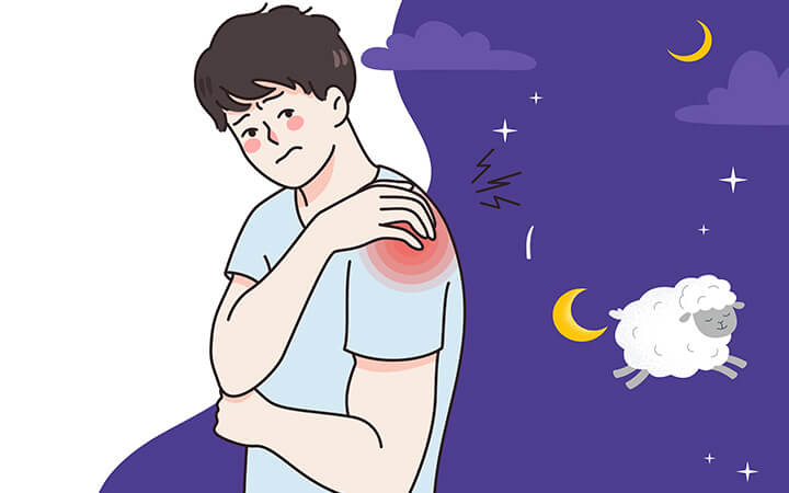 Illustration of a man experiencing shoulder pain upon awakening