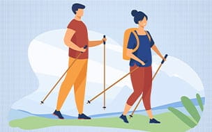 Illustration of a couple with backpacks walking outdoors