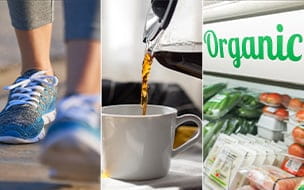 Collage of walking coffee and organic produce images