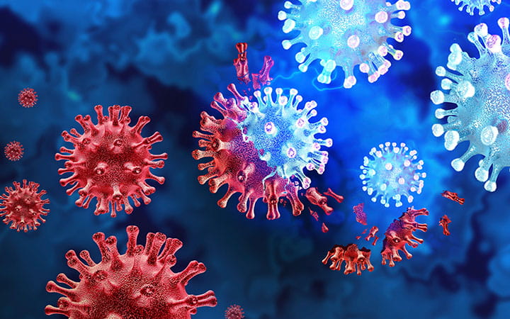 red and blue coronaviruses