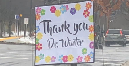 Sign reading thank you, Dr. Winter
