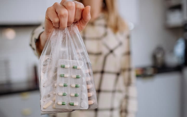 A woman holds a bag filled with expired pills ready to recycle