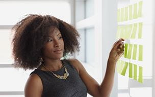 Young woman organizing sticky notes on wall