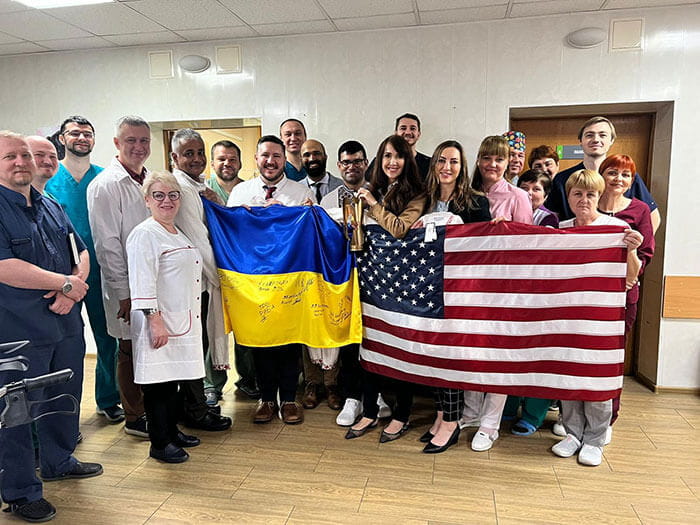 A display of multi-national pride at a hospital in Ukraine with UH urologists