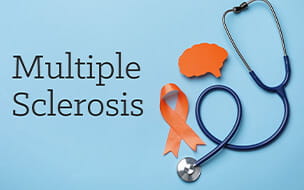 Illustration of orange ribbon, stethoscope and paper brain cutout for Multiple sclerosis awareness
