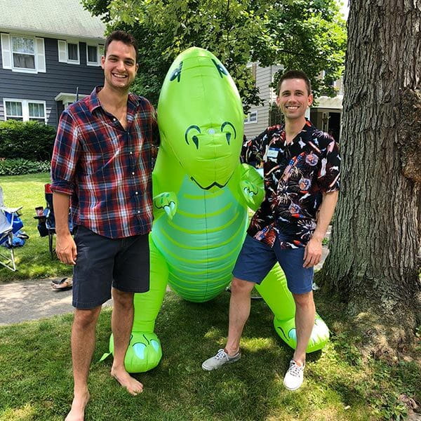 hanging out with a blow up dinasaur