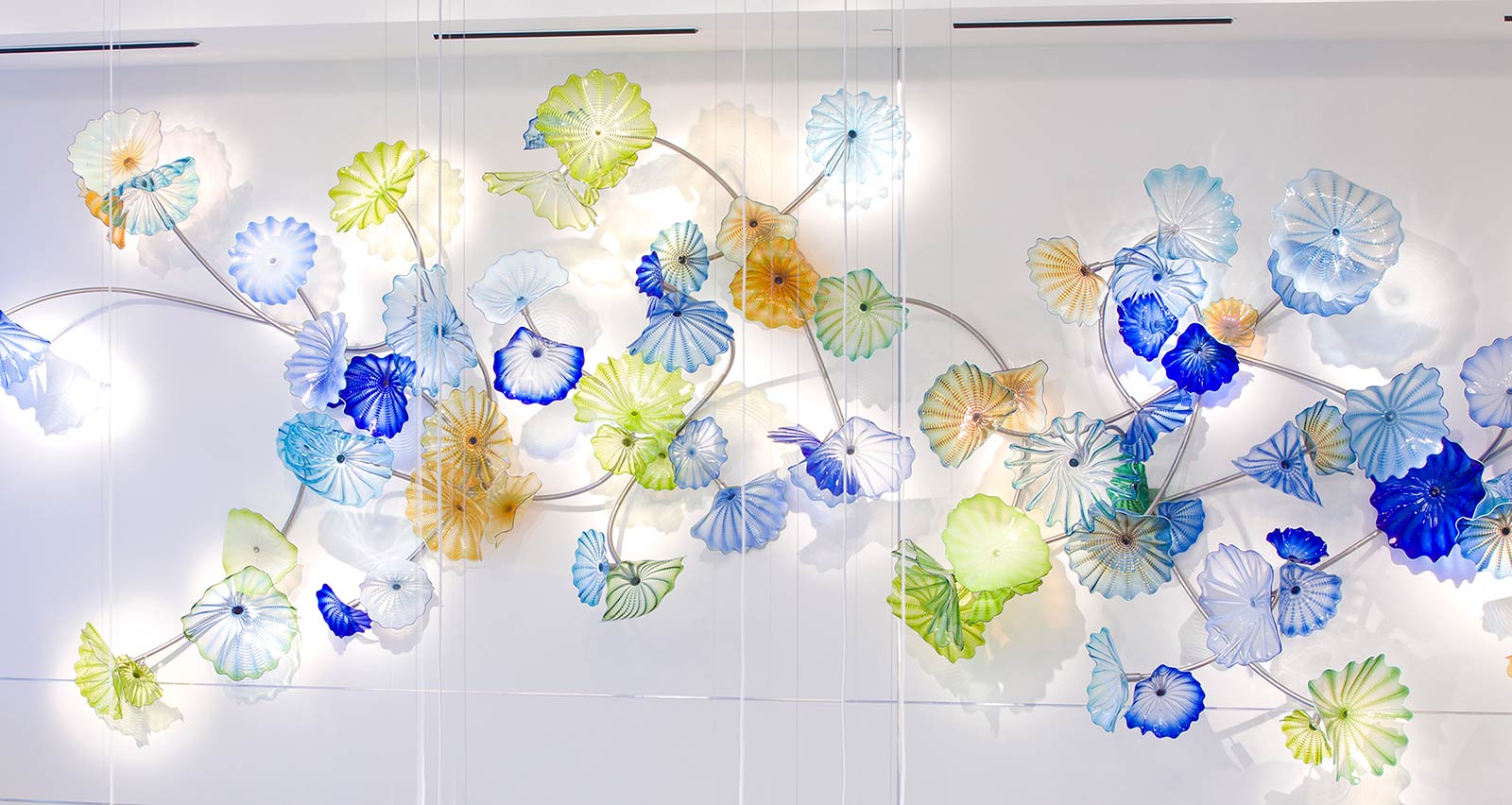 Ahuja Azure, Citron and Amber Persian Wall glass and aluminum, 2010, on display at UH Ahuja Medical Center
