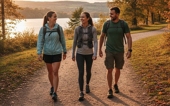 A woman wearing a weighted vest walks through the woods with her friends