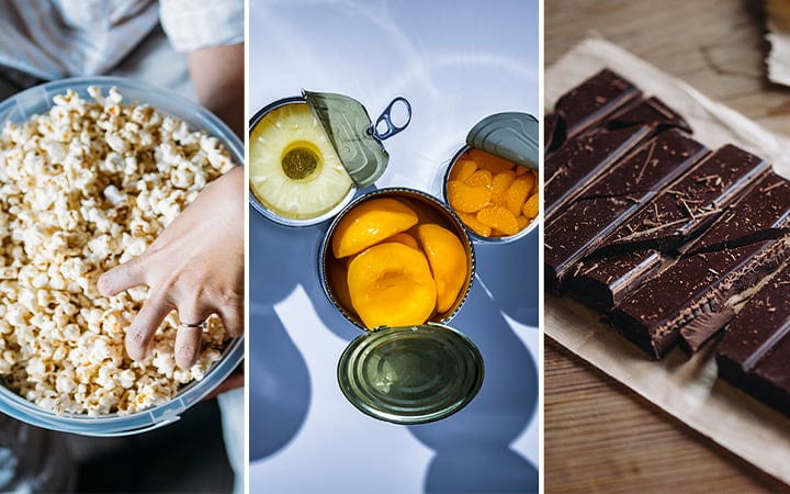A montage of healthy foods including popcorn, canned fruit and dark chocolate