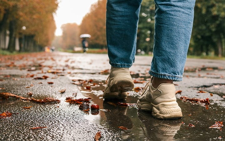 Walking in the rain on an autumn day