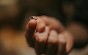 A hand holding a single contact lens