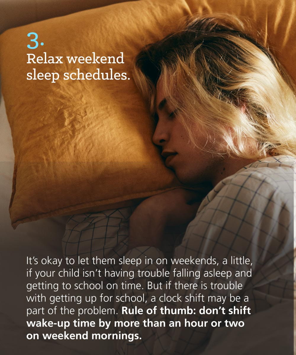 Infographic: 6 Tips to Get Your Kids to Go to Bed: Relax weekend sleep schedules
