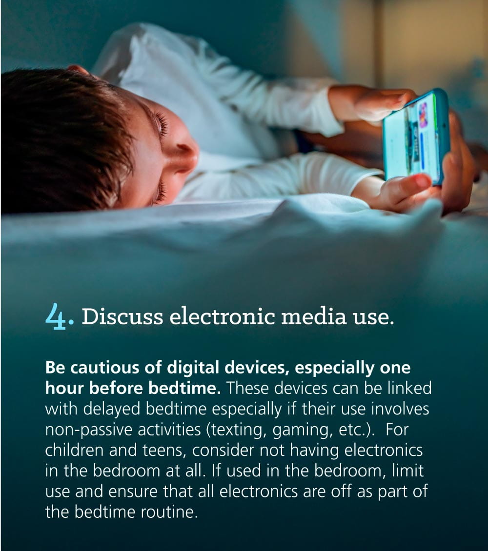 Infographic: 6 Tips to Get Your Kids to Go to Bed: Discuss electronic media use