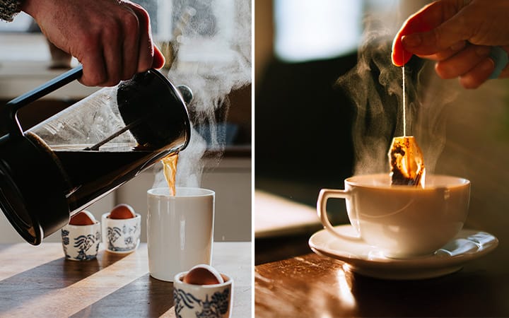 Pouring coffee and brewing cup of tea