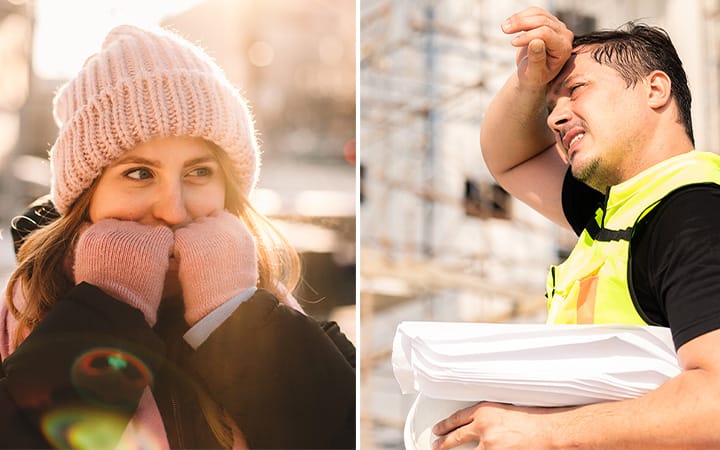 Woman in winter clothes beside construction worker wiping sweat from forehead