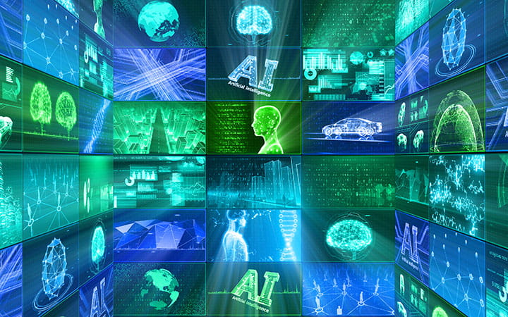 Collage of images depicting artificial intelligence.