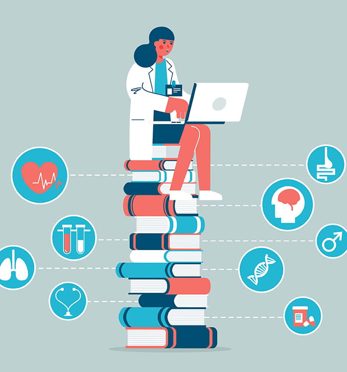Behavioral Health depiction physician sitting on stack of books with health icon bubbles surrounding.
