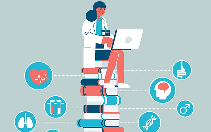 Behavioral Health depiction physician sitting on stack of books with health icon bubbles surrounding.