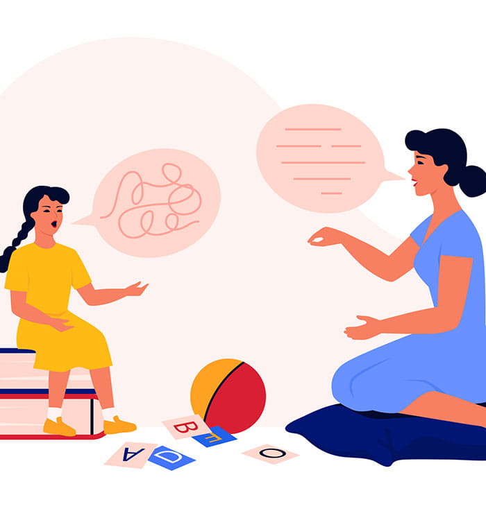 Illustration of therapist and hearing impaired child patient in speech therapy session.