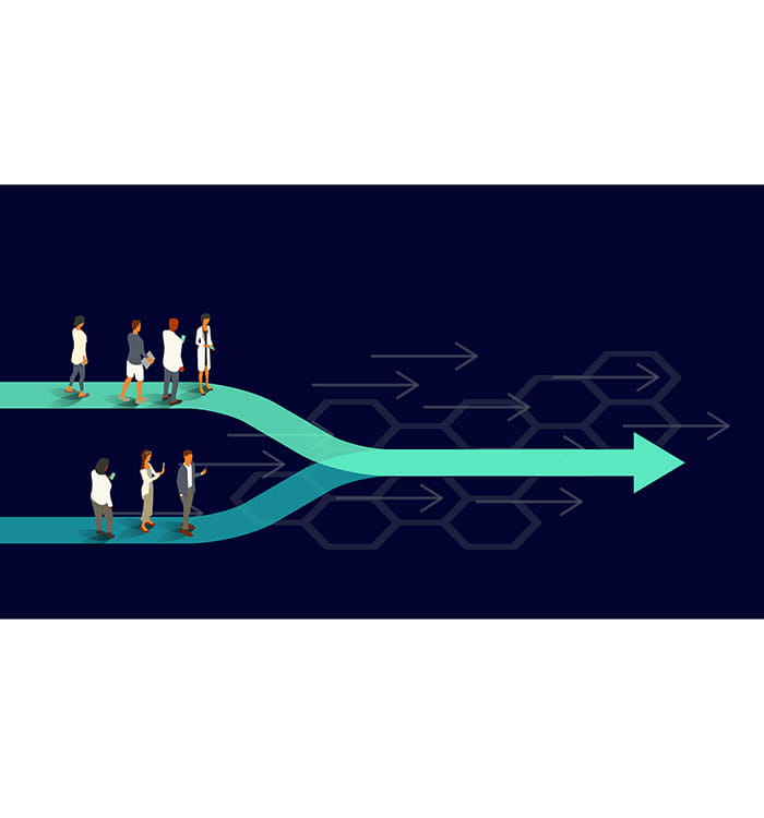 Six healthcare professionals stand on a set of arrows that converge into one, illustrating the concept of medical leadership. 