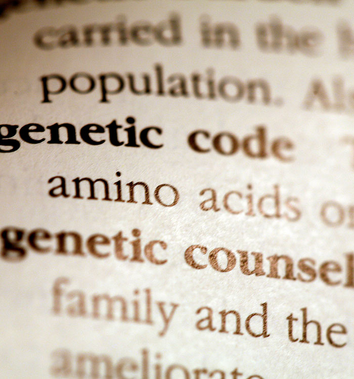 Printing with genetic counseling and various words related to genetics.