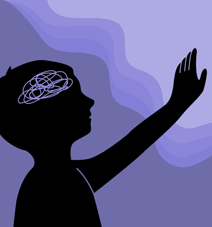 Shihouette of child on purple background of child with brain waves depicting child psychology.