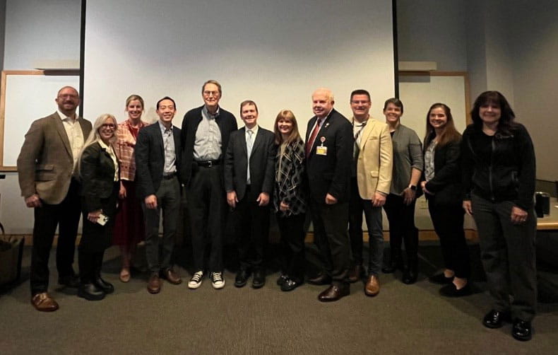 Justin Mistovich, Allison Gilmore, Kate Hollnagel, Ray Liu, Dan Cooperman, Jim Sanders, Connie Poe-Kochert, George Thompson, Mike Glotzbecker, Chris Hardesty, Emily Canitia and Michelle Moran after Dr. Sanders’ grand rounds presentation.