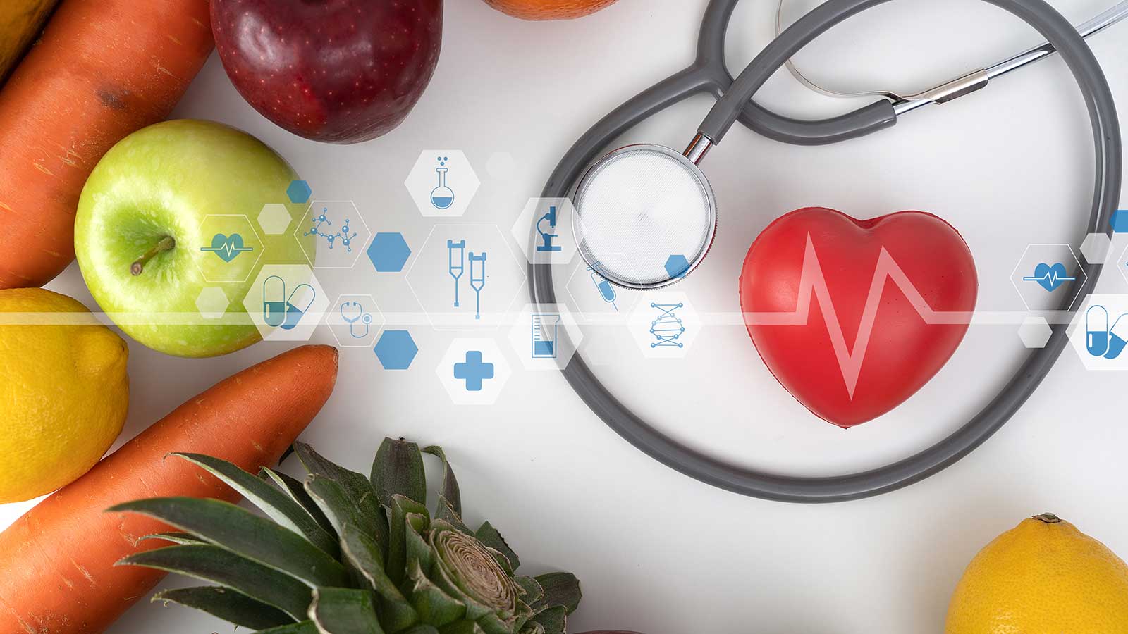 Stethoscope with fruits and vegetables