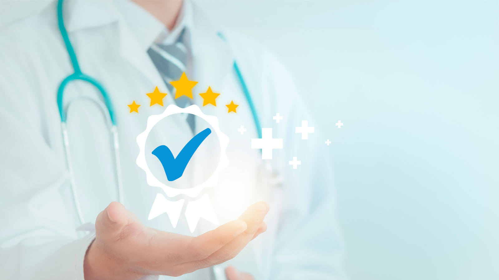 physician holding a checkmark with five stars