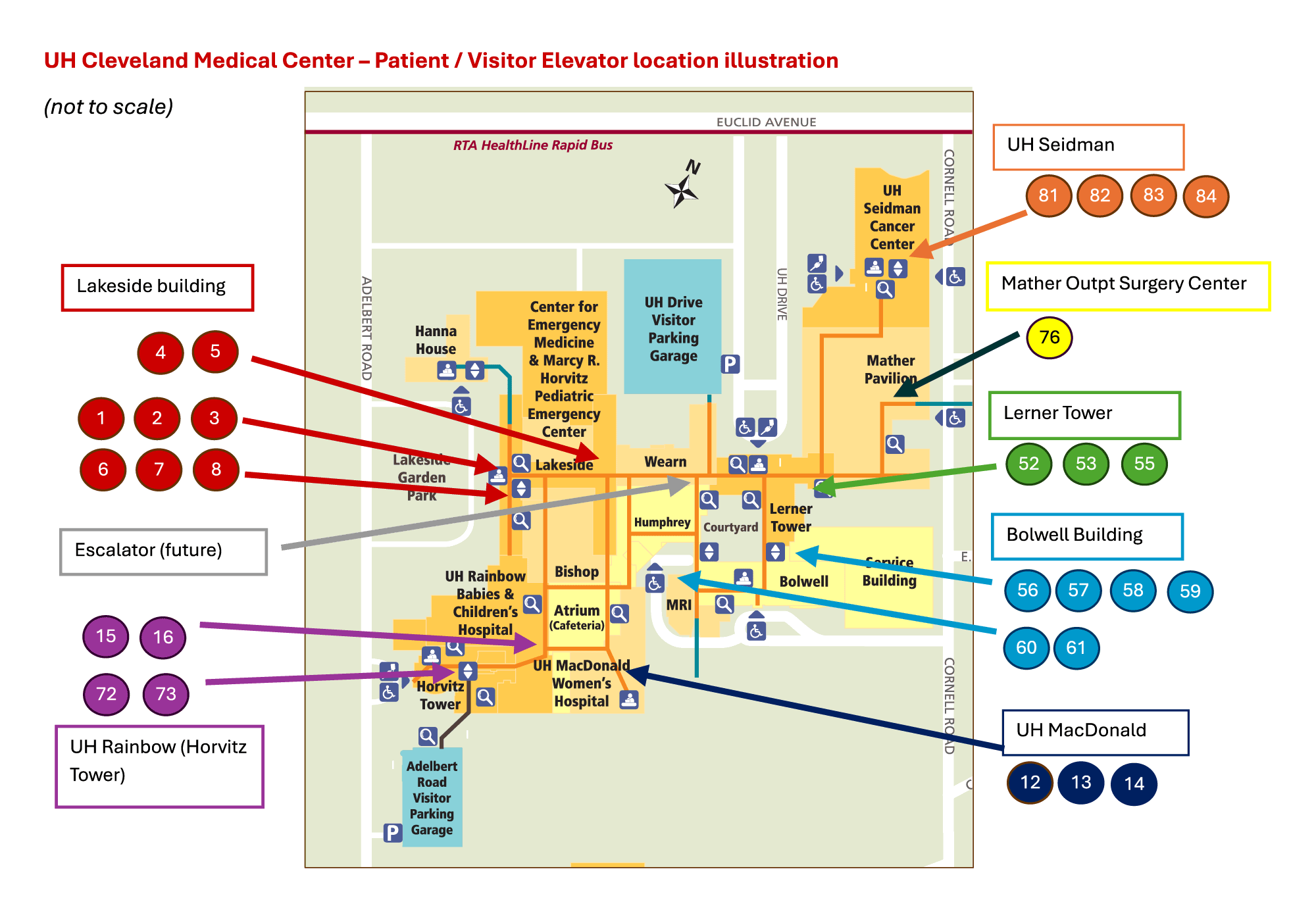 Map showing locations of elevators within UH Cleveland Medical Center