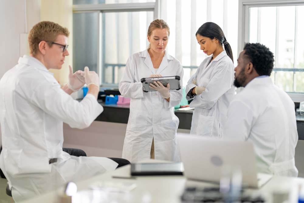 group of scientists discussing topics
