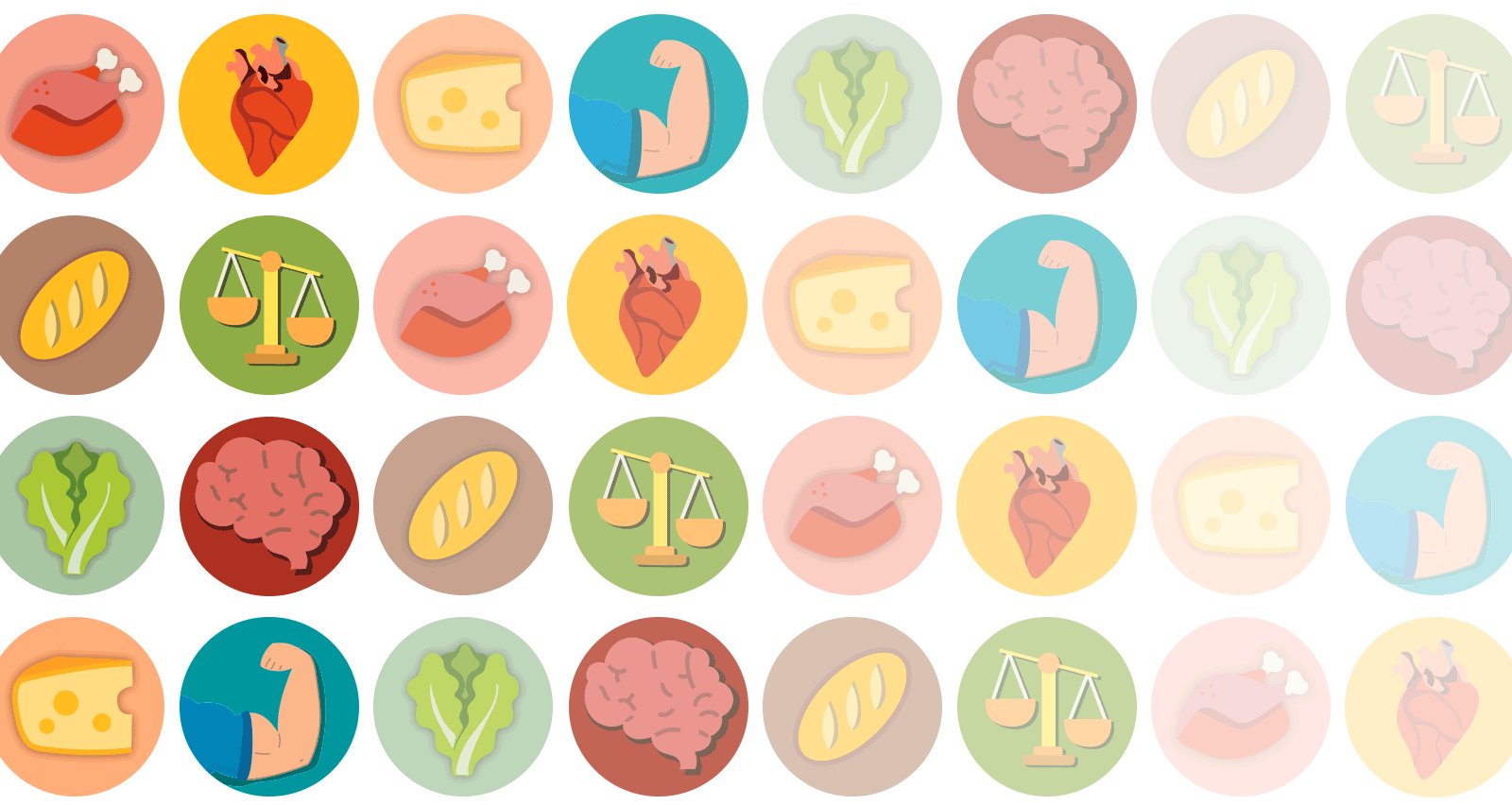 Series of illustrated icons depicting healthy eating and exercise habits
