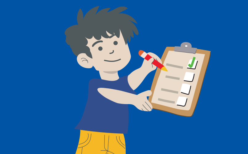 Illustration of a young boy holding a clipboard