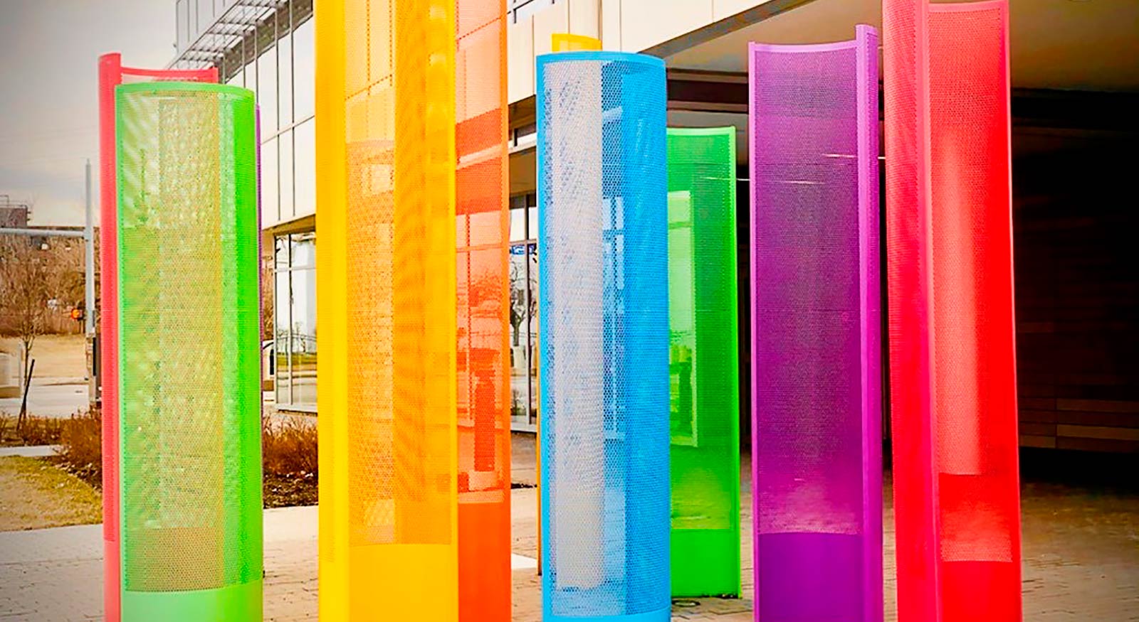 The Rainbow pillars outside the UH Rainbow Ahuja Center for Women & Children