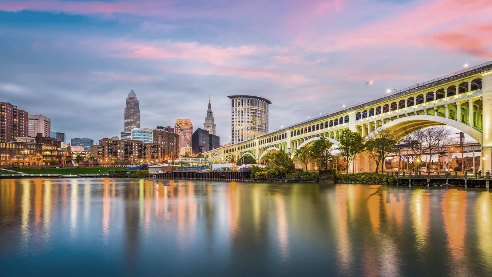 Cleveland skyline and bridge on river