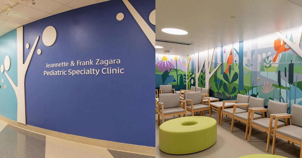split image showing the hospital hallway and the waiting area for pediatric cardiology