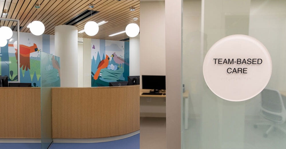 split image showing the reception area for pediatric cardiology