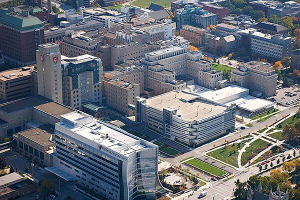 arial view of University Hospitals and Case Western Reserve University School of Medicine campus