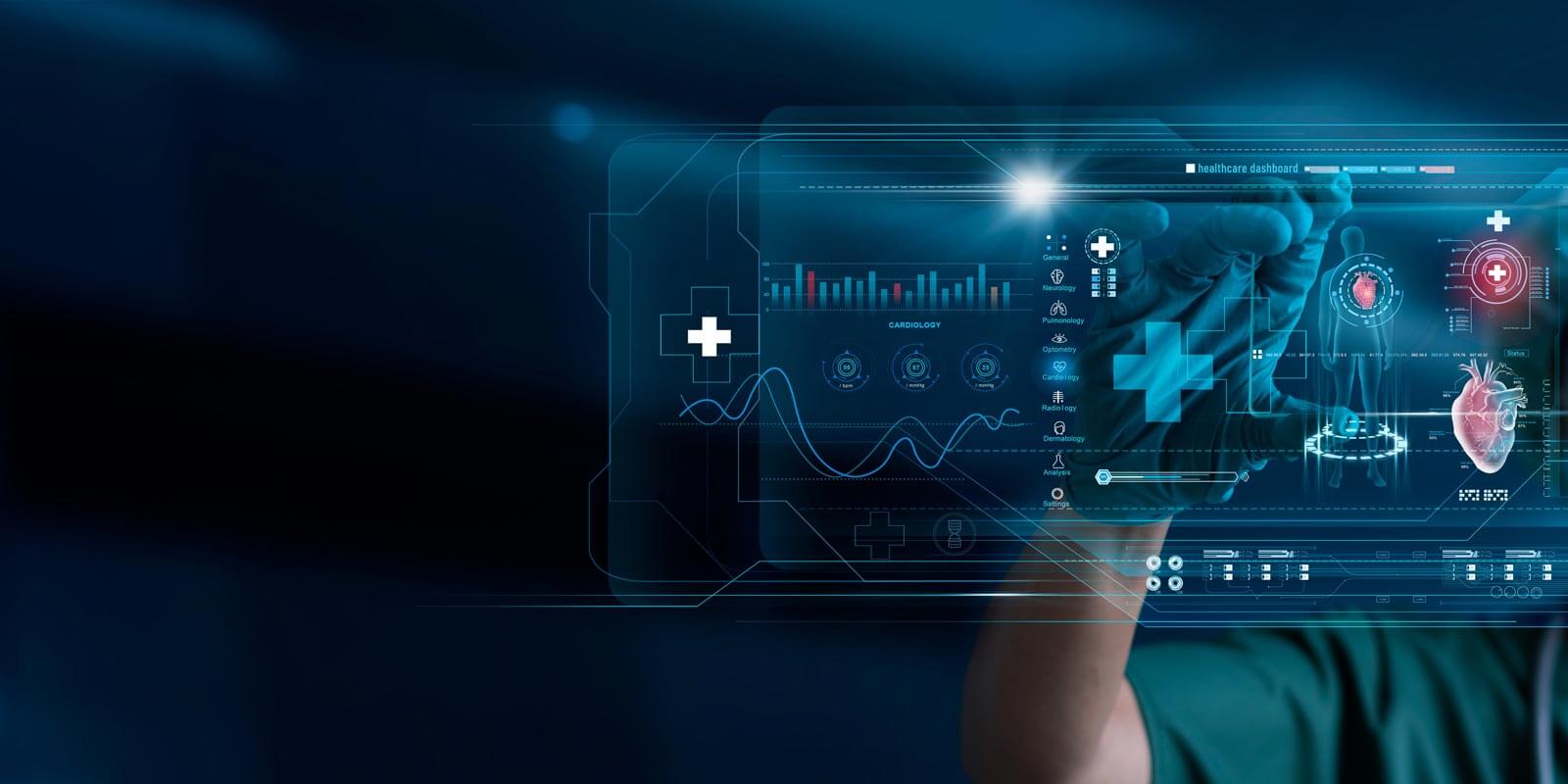 Surgeon analyzing patient heart on digital futuristic virtual interface