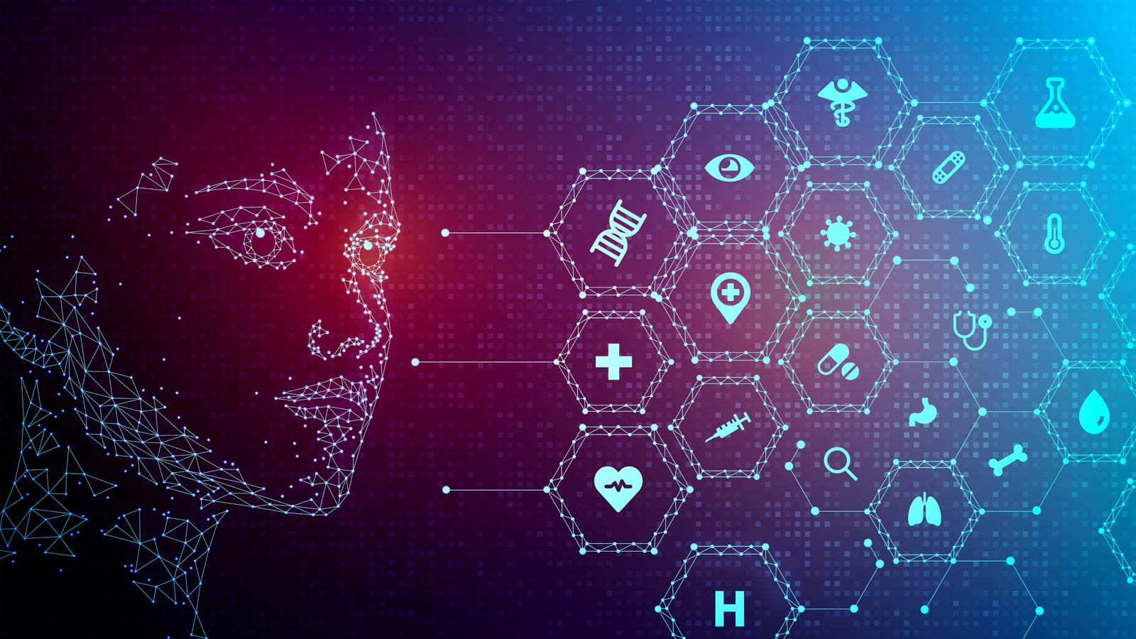 futuristic illustration showing healthcare icons and digitized face