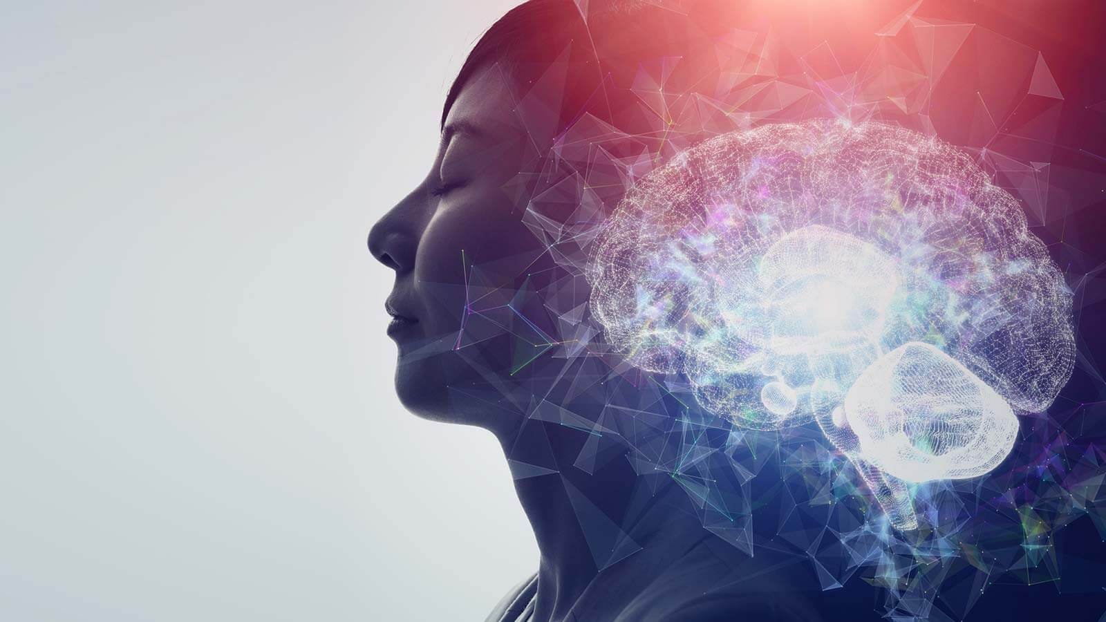brain illustration with woman in background