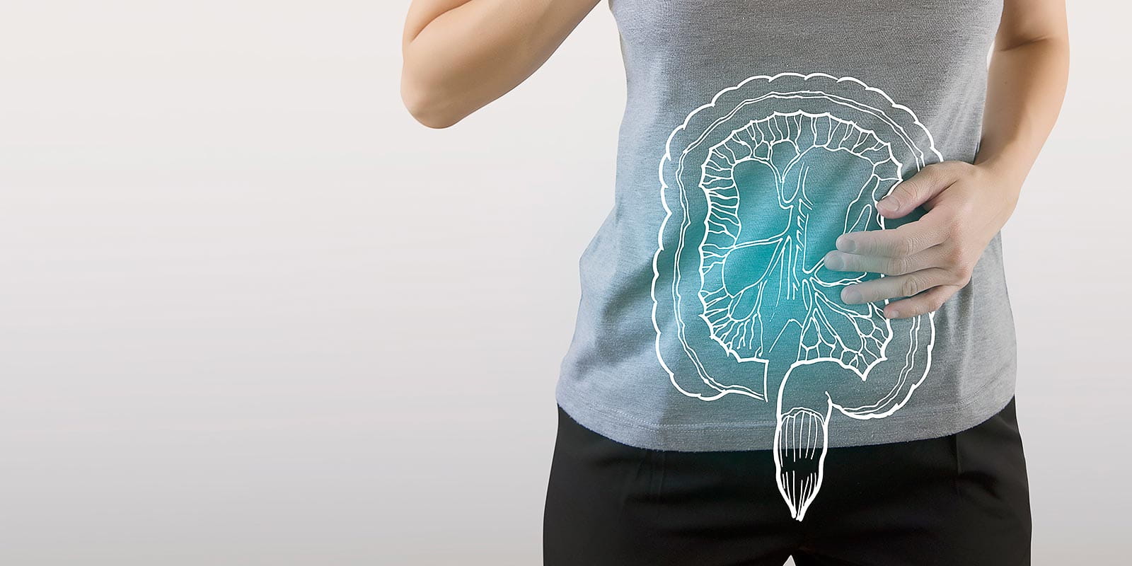 A highlighted blue intestine on a young woman